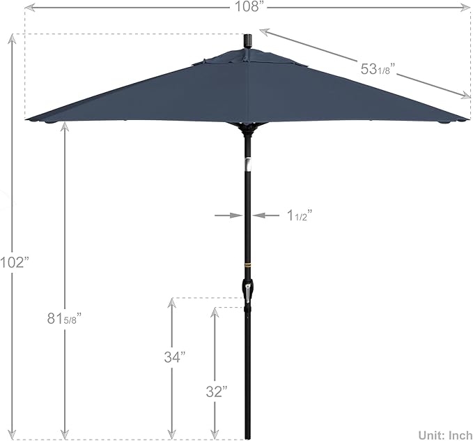 California Umbrella 9' Round Aluminum Market Umbrella, Crank Lift, Push Button Tilt, Black Pole, Pacifica