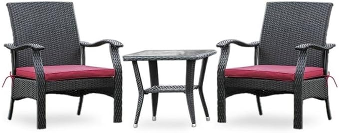 Pemberly Row Contemporary 3-Piece Metal Patio Dining Set, Black Finish, Wicker and Steel Frame with Glass Tabletop and Cushions, Weather-Resistant Outdoor Furniture for Modern Patio Spaces