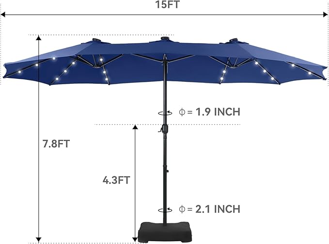 GREEN PARTY 15 ft Large Outdoor Patio Umbrella with Solar Led Lights & Base Included, Double-Sided Rectangular Table Umbrella with Stand, Market Umbrellas for Deck Poolside Garden Backyard, Haze Blue