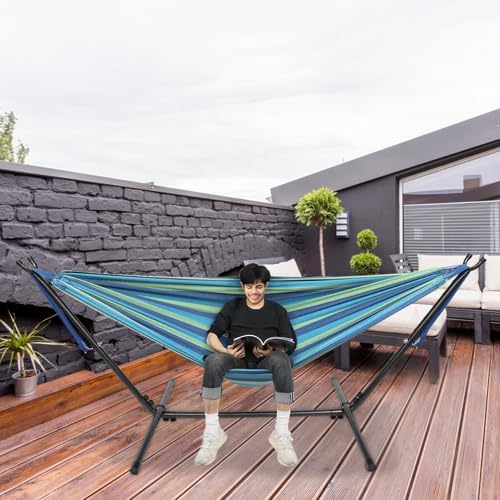 Bonnlo Brazilian Outdoor Hammock, Cotton Material, Extra Long and Wide, for Travel, Backyard, Porch and Indoor, with Portable Carrying Bag, Blue