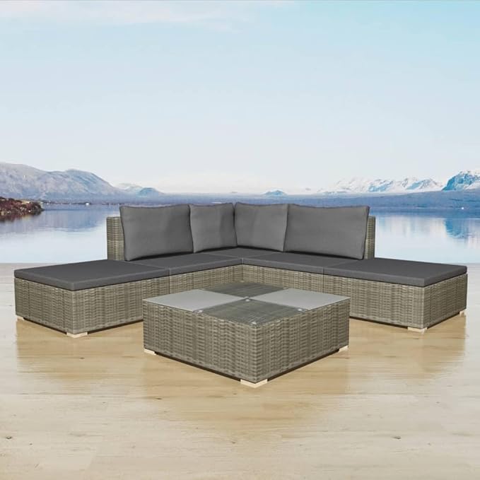 6 Piece Patio Lounge Set with Cushions, Patio Conversation Set Sectional Sofa Porch Furniture Set Outdoor Sofa Sets for Piazza Negotiation Area Garden Exhibition Poly Rattan Gray