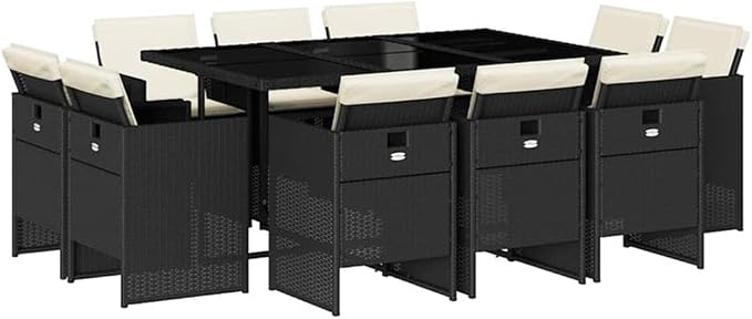 Afuera Living 11 Piece Poly Rattan Patio Dining Set, Black/Cream White Finish, Includes Rectangular Table and 10 High-Back Chairs with Cushions, Weather-Resistant, Foldable Design for Outdoor Garden