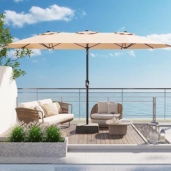 TrailBlaze 15ft Large Patio Umbrella with Base, Outdoor Rectangle Umbrella Double-Sided Market Umbrella with Crank Handle UV Protection Table Umbrellas for Backyard, Deck, Poolside and Garden