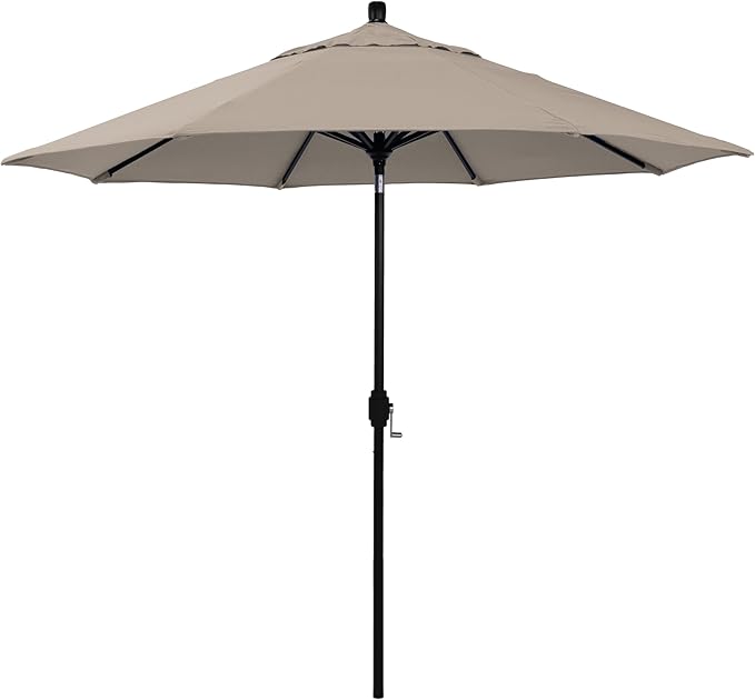 California Umbrella 12-Year-Non-Fading, 9Ft Premium Sunbrella Patio Umbrella, Hand-Crank, Button-Tilt, Black Frame, Taupe Fabric
