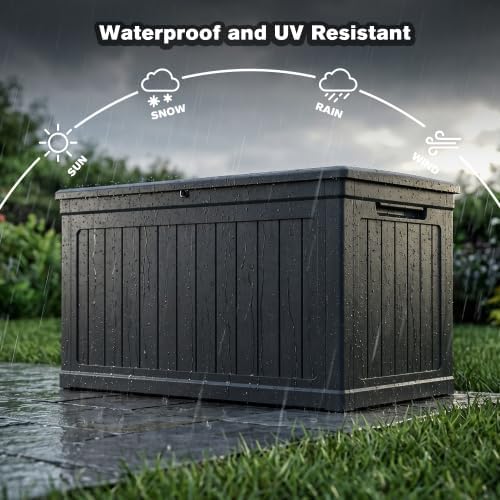 230 Gallon Large PC Resin Outdoor Deck Box, Hydraulic Lift Lid Waterproof Storage Bench, Multipurpose Storage Box for Patio Cushions Garden Tools Pool Supplies Backyard Deck