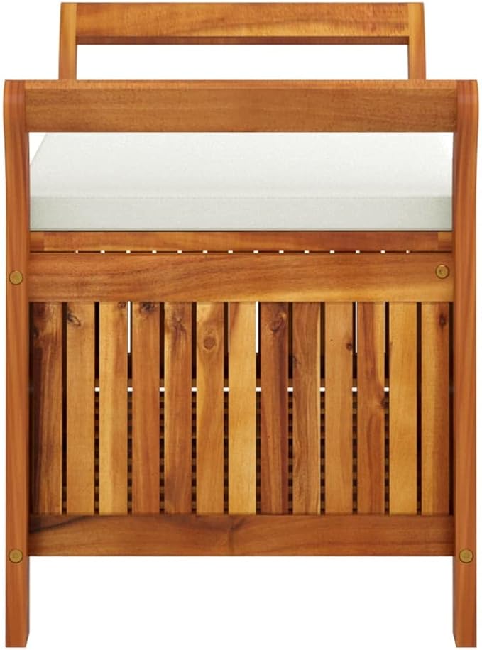 Wooden Outdoor Patio Storage Bench Large Deck Box with White Cream Cushion 35.8"x19.7"x23.6" Solid Wood Acacia Storage Box Deck Box with Seat for Garden, Balcony, Porch, Pool,Yard -AA
