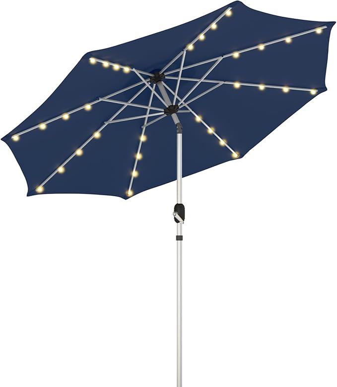 10FT 40-LED Solar Lighted Aluminum Patio Umbrella, Fade-Resistant Outdoor Market Table Umbrella with Push Button Tilt Function, 8 Sturdy All-Aluminum Ribs for Gardens, Decks, Backyards & Pools