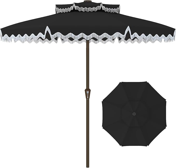 Kingdura 9ft Patio Umbrella with Fringe, Outdoor Table Umbrella with 8 Sturdy Fiberglass Ribs, Push-Button Tilt, UPF 50+, Luxurious Vintage Pool Umbrellas