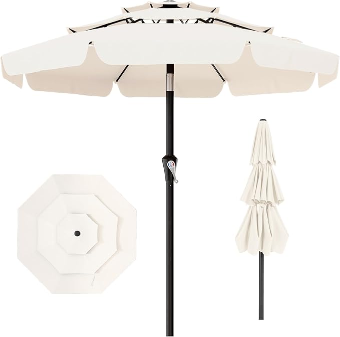 AreShark 10FT 3-Tiers Patio Umbrella with Valance, Outdoor Umbrellas with Crank/Tilt, Table Market Umbrella Vented w/ 8 Sturdy Ribs for Garden, Deck, Backyard, and Pool, Cream White