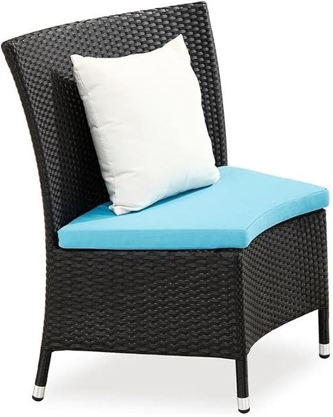 Manhattan Comfort Nightingdale 7 Piece Outdoor Dining Set with Round Glass Lazy Susan | Includes 6 Rattan Chairs, Water-Repellent Cushions and Toss Pillows, Patio Furniture, Black/Sky Blue/White