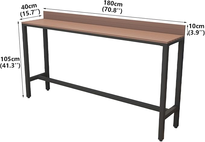 Outdoor Bar Table, Patio Pub Height Table with Anti-Fall Baffle, All-Weather Bar Height Counter Table, Narrow Dining Table for Hot Tub, Garden & Backyard(Color:Black+Wood,Size:L-70.8in)