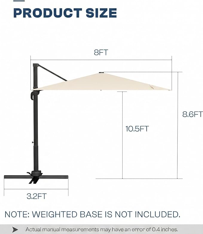 8' X 8' Patio Umbrella, Cantilever Umbrella with 360°Rotation, Offset Patio Umbrella with Easy Tilt & Fade Resistance for Pool Deck Garden Backyard, Off-White (Base not Included)