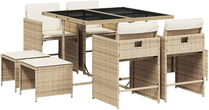 9 Piece Patio Dining Set with Cushions Beige Outdoor Poly Rattan Table and 4 Folding Chairs for Garden Backyard Deck Seating