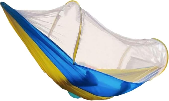 Polyester Hammock Automatic Quick Opening Self-Contained Frame Portable Lightweight Tree Hanging Hammock(Blue-Yellow)