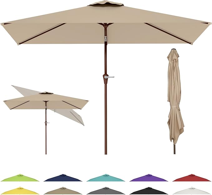 GREENVINES 6.5X10 FT Rectangular-Patio-Umbrella | Outdoor-Table-Umbrellas | 6 Sturdy Steel Ribs | Push Button Tilt & Crank | Waterproof | Market Umbrella | for Pool Backyard Garden Deck | Tan