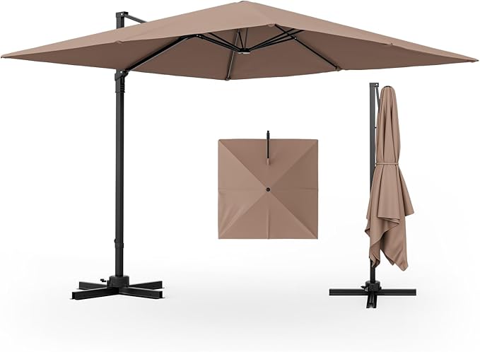 Tangkula 9.5 FT Cantilever Patio Umbrella, Outdoor Square Offset Umbrella with 360° Rotation, Heavy Duty Patio Hanging Umbrella with Cross Base for Garden Deck Pool Backyard (Tan)