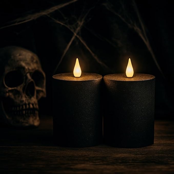 smtyle 3"x3" Black Flameless Flickering Candles with Remote Timer - Battery Operated Plastic Texture Pillar LED Candles Set of 2 for Gothic Home Decorations