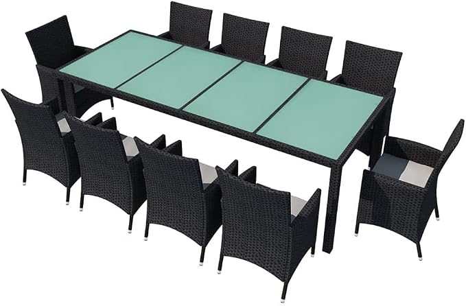 11 Piece Outdoor Patio Dining Set with Cushions Poly Rattan Black, All-Weather Wicker Garden Furniture with Tempered Glass Tabletop and 10 Chairs for Backyard Deck Poolside Entertaining