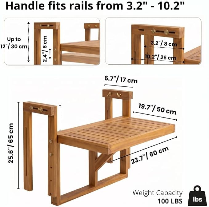 Acacia Wood Balcony Hanging Table – Stable Fixed Outdoor Railing Table – Weather-Resistant White Finish – Adjustable Mounting for Small Balcony, Patio, and Porch (Natural Wood - 1pc)