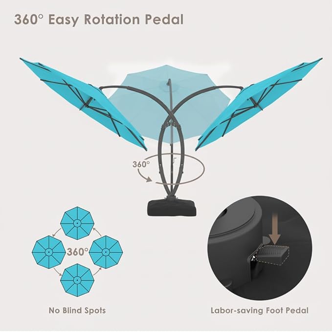 ENSTVER 11FT Cantilever Patio Umbrella With Base Included, Round Large Aluminum Outdoor Cantilever, Heavy Duty Offset Umbrella with 360°Rotation for Pool, Deck, Backyard, Garden(Lake Blue)