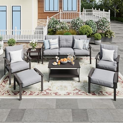 7-Piece Outdoor Patio Furniture Set, Outdoor Metal Sectional Furniture with Cushions, Outdoor Conversation Seating Set with Coffee Table for Balcony, Garden, Deck, Backyard, Grey