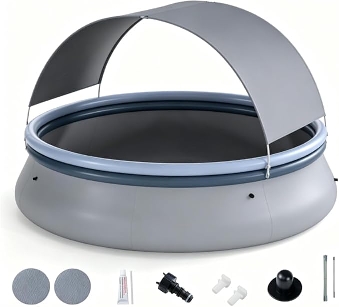 118" Inflatable Swimming Pool with Sunshade Canopy, Large Blow Up Family Pool for Backyard, 792 Gal Portable Pool Above Ground with UV Protection, 2 Independent Air Chambers, Gray & Blue