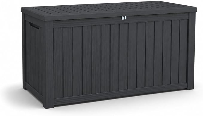 180 Gallon Large Outdoor Storage XXL Deck Box for Patio Furniture, Outdoor Cushions, Garden Tools and Sports/Pools Equipment, Waterproof Resin, Lockable, Black (Black + Plastic-2)