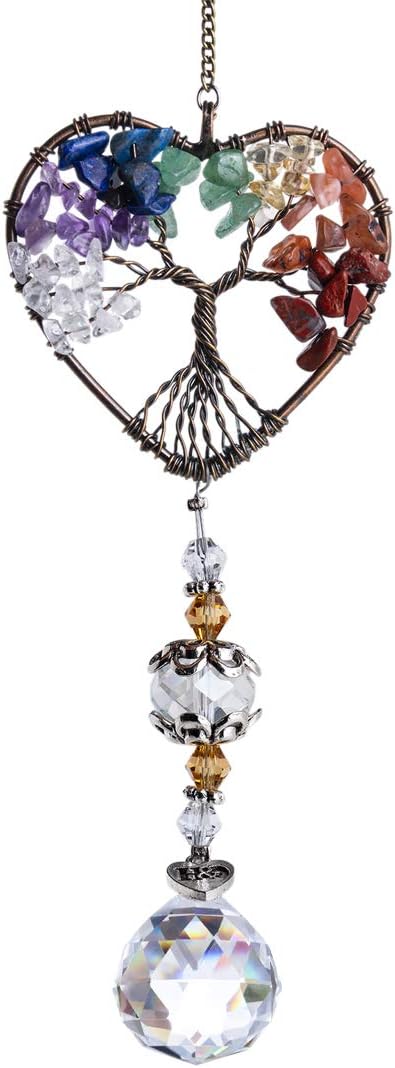 Tree of Life Heart Crystal Ball Prism Suncatcher Pendant Decor | Tree of Life Heart Shaped Crystal Ball Prism Pendant Suncatcher Window Hanging Ornament for Home Garden Office Wedding Decor