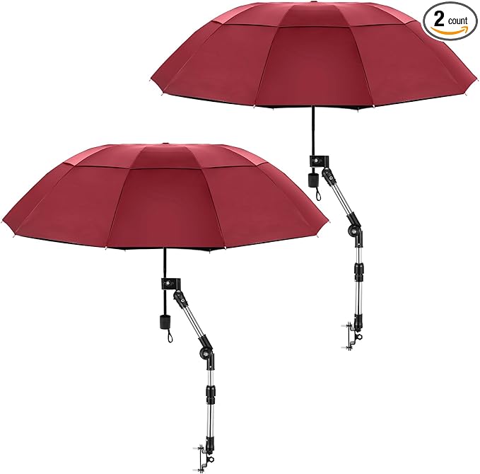 2 Pack Large Double Canopy Sun Umbrella for Chairs with Square Tube Clamp Foldable Portable Beach Umbrella for Chair Golf Cart Patio Wheelchair Outdoor Camping Fishing