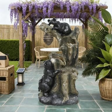 3-Tier Resin Bear & Honeycomb Outdoor Fountain with LED Lights & Adjustable Pump