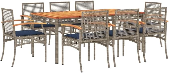 9 Piece Patio Dining Set with Cushions Gray Poly Rattan Outdoor Dining Table for 8, Acacia Wood Top, UV-Proof Steel Frame for Garden Backyard Relaxation