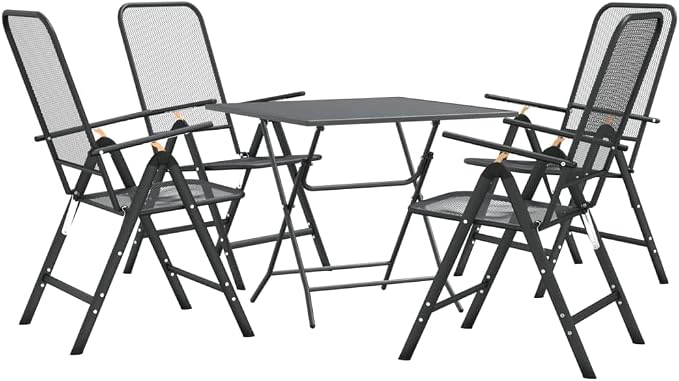 5 Piece Patio Dining Set with Expanded Metal Mesh Anthracite Outdoor Furniture for Garden, Backyard, Deck, 7-Position Reclining Chairs with E-Coating, Space-Saving Foldable Table and Chairs Set
