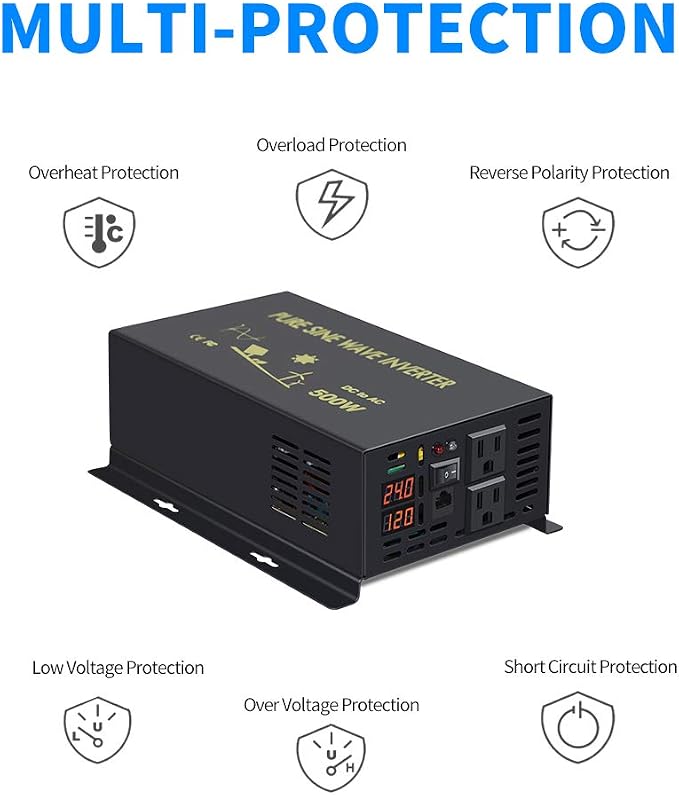 WZRELB 500W 24V 120V Pure Sine Wave Power Inverter with 2 AC Outlets Wired Remote Control (RBP-50024WR)