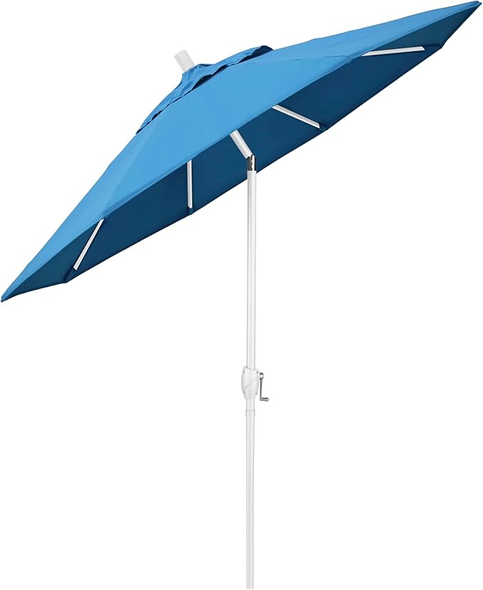 California Umbrella 9' Round Aluminum Market Umbrella, Crank Lift, Push Button Tilt, White Pole, Frost Blue Olefin