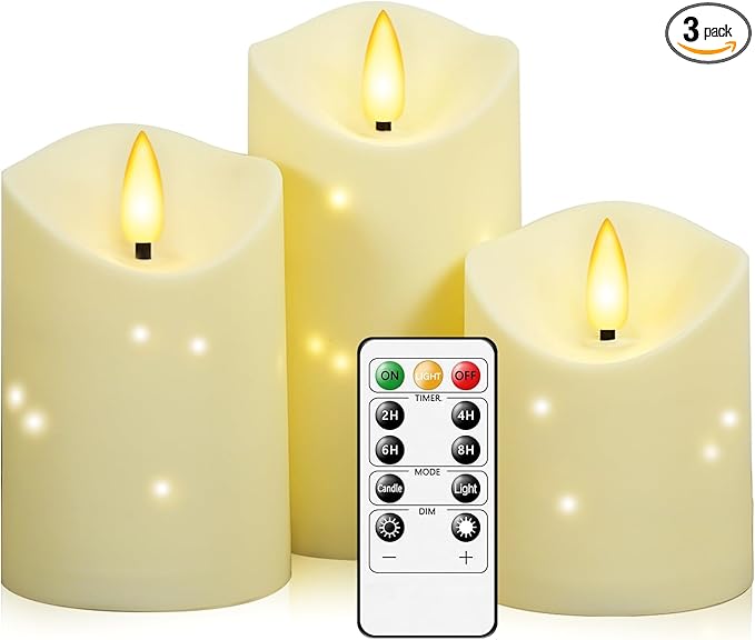 kakoya Outdoor Waterproof Flickering Flameless Candles with Embedded Star String,3Pcs LED Pillar Candles Battery Operated with Remote and Timers for Courtyard,Porch,Camping,Holiday Decoration(Ivory)
