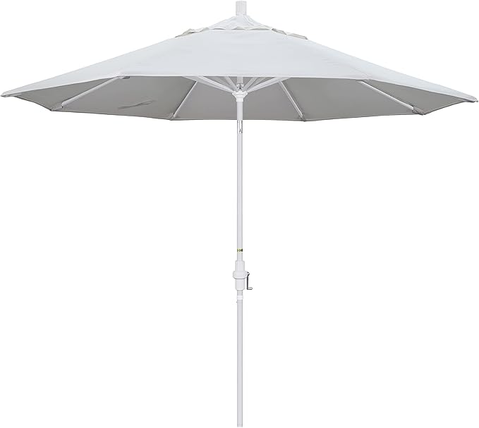 California Umbrella 9' Round Aluminum Market Umbrella, Crank Lift, Collar Tilt, White Pole, Pacifica Pacific Blue