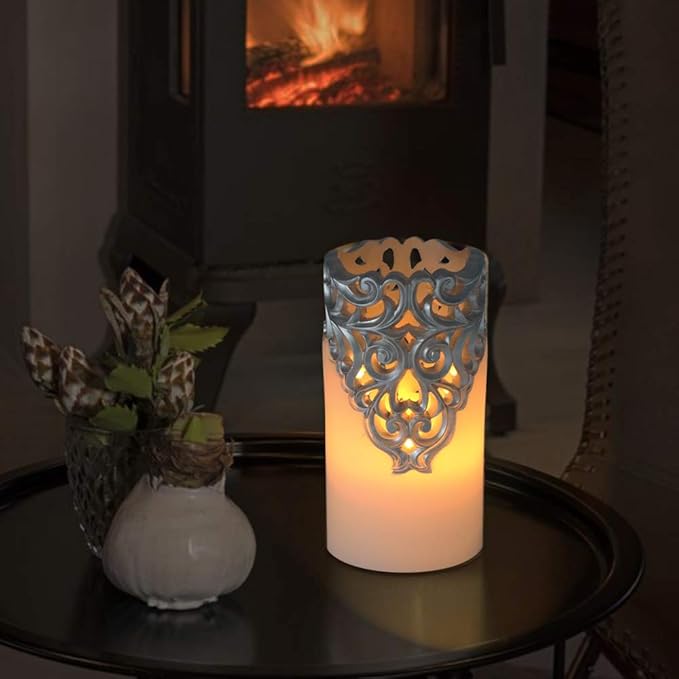 Eldnacele Flameless Christmas Silver Candles with 5H Timer, Flickering Real Wax Battery Operated Pillar Candles for Christmas Party Decoration Silver (D3 x H6)