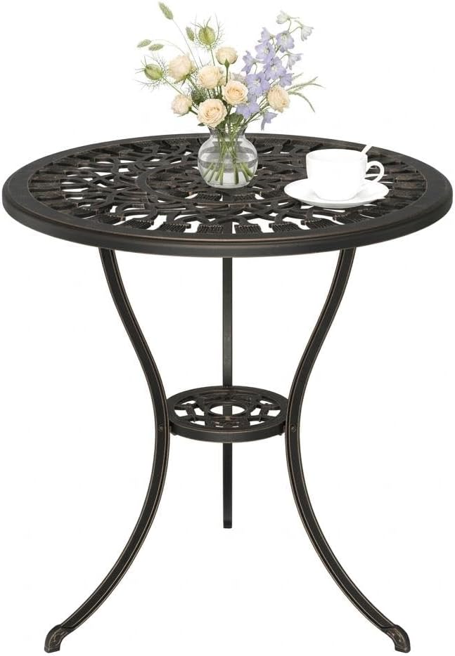 GAOMON 23" Cast Aluminum Patio Bistro Table with Umbrella Hole, Outdoor Round Coffee Bistro Side Table, Anti-Rust Outdoor Furniture for Backyard, Garden, Porch, Pool, Balcony, Bronze