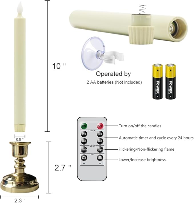DRomance Flameless Window Candles with Remote and Timer, Battery Operated LED Taper Candles with Suction Cups Set of 6 Christmas Window Candle Holiday Decor(Gold Holders)
