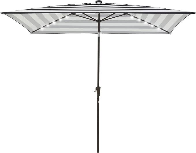 JEAREY 6.5x10 ft Rectangular LED Lighted Patio Umbrellas Outdoor Solar Table Market Umbrella w/Push Button Tilt/Crank, 6 Sturdy Ribs, UV Protection Waterproof Sunproof(Black-White Stripe)