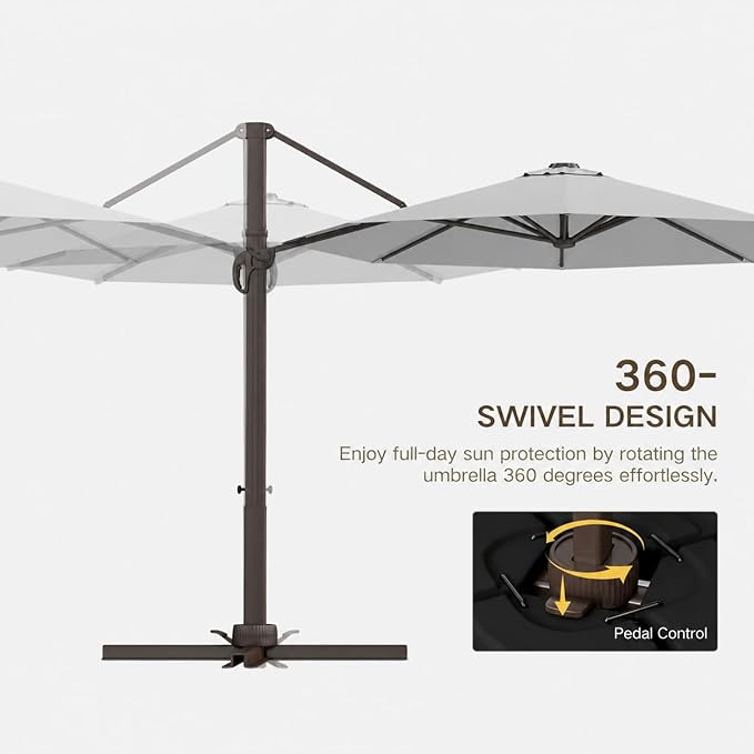 Kingdura Cantilever Patio Umbrella with Double Top Vent, Large Square Aluminum Outdoor Offset Umbrella with 360-degree Rotation, Infinite Tilt, UV Protection for Pool Deck Garden Patio