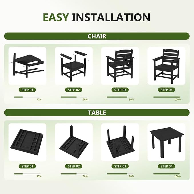 KINGYES 8-Piece HDPE Outdoor Dining Set for 6, Square Patio Table & Armchairs with Umbrella Hole, All-Weather Patio Dining Set for Backyard, Garden, Lawn & Poolside, Black