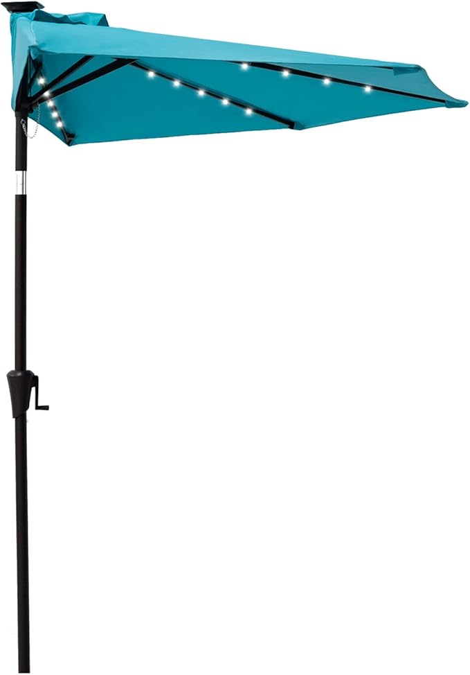 Helios&Hestia 9 ft Small Half Round Solar Powered Wall Outdoor Market Patio Umbrella with LED Lights and Tilt for Garden, Deck, Balcony