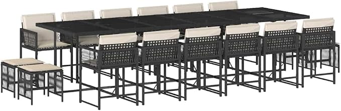 17-Piece Outdoor Dining Set, Large Rattan Garden Table and Chairs for 16 People, Patio Furniture for Summer Gatherings, Black and Cream