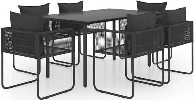 Afuera Living 7-Piece Foldable Garden Dining Set, PVC Rattan, Black Finish, Rectangular Table with 6 Chairs, Weatherproof UV Resistant Materials, Removable Cushions, Modern Outdoor Patio or Backyard