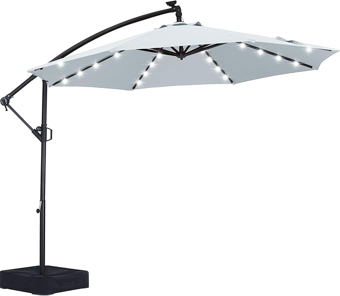 ABCCANOPY 10 FT LED Patio Umbrellas Cantilever Umbrella with base, 360° Rotation Outdoor Lighted Offset Umbrella Bonus Fixed Frame & Weights Bag for Backyard, Deck, Poolside (Gray)