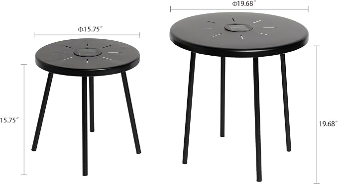 Solar Outdoor Side Table with Light Set of 2, Modern Round Patio Side Tables for Outside, Metal Outdoor End Accent Table for Living Room, Patio, Poolside, Backyard, Garden, Black