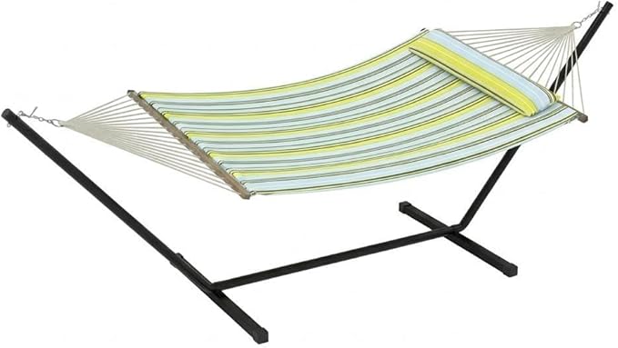 Double Hammock with Stand, Outdoor Quilted Padded Hammock with Heavy Duty Iron Frame, Portable Patio Swing Bed for Backyard Garden, 450 Lbs Capacity,Light Blue-Green Striped