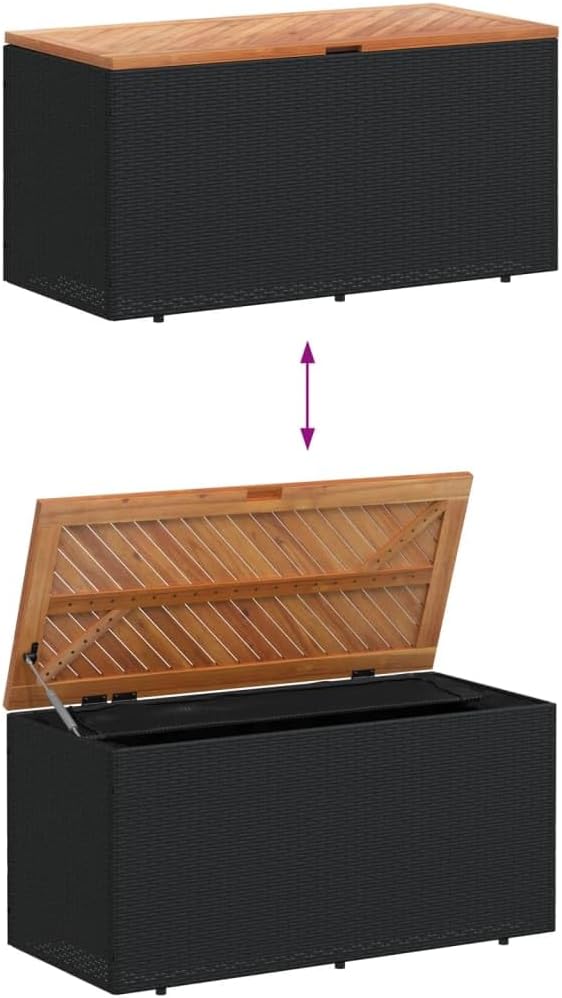 Patio Storage Box 43.3 Inch PE Rattan Outdoor Bench with Acacia Wood Top Water-Resistant Bag for Garden Poolside Deck Furniture Black Brown