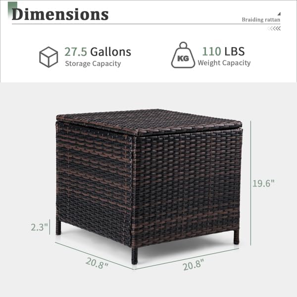 Outdoor PE Wicker Side Table with Storage, Patio Rattan End Table Square Container for Furniture Covers (Brown)